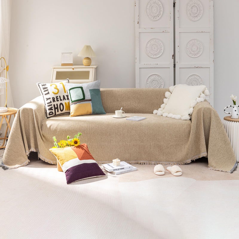 VC Life VClife Beige Couch Cover for Sofa 1 Piece Modern Minimalism Couch Cover for 3 Cushion Couch Sofa Slipcover Washable Soft Chenille Sofa Covers Furniture Protector for Bedroom Living Room 71''x150'' - Image 1